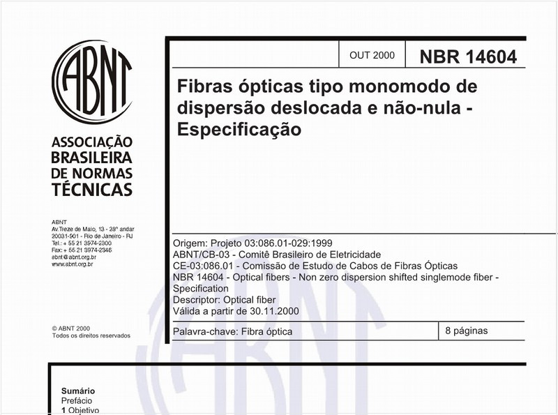 Fibras ópticas tipo monomodo de dispersão deslocada e não-nula - Especificação