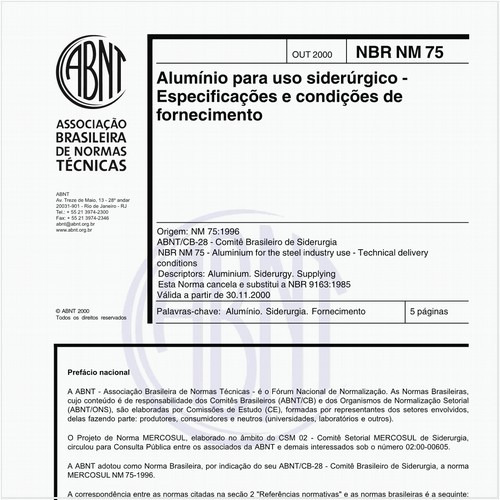 Alumínio para uso siderúrgico - Especificações e condições de fornecimento