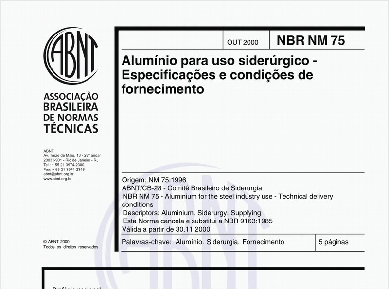 Alumínio para uso siderúrgico - Especificações e condições de fornecimento