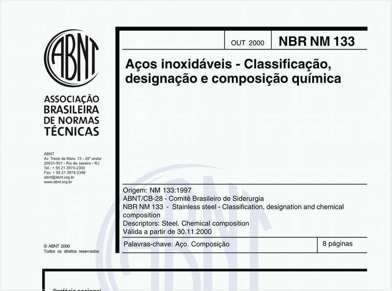 Aços inoxidáveis - Classificação, designação e composição química