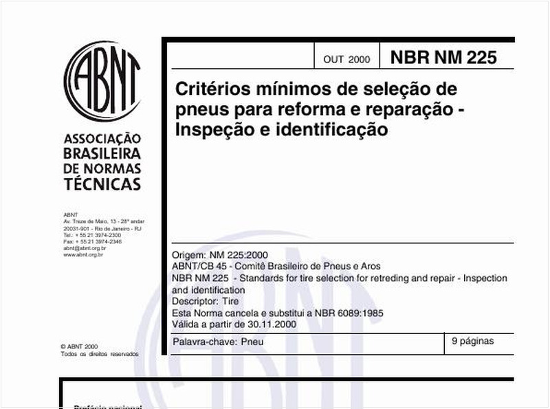 Critérios mínimos de seleção de pneus para reforma e reparação - Inspeção e identificação