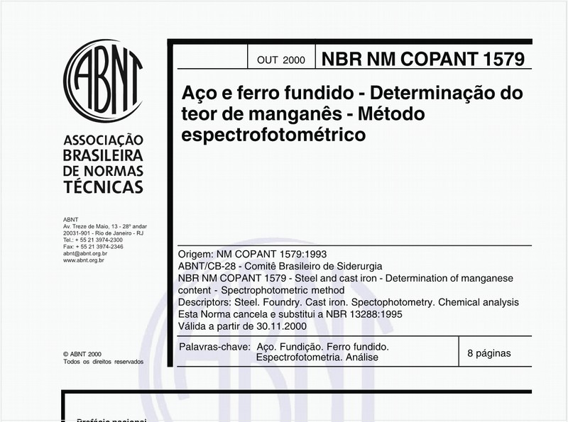 Aço e ferro fundido - Determinação do teor de manganês - Método espectrofotométrico