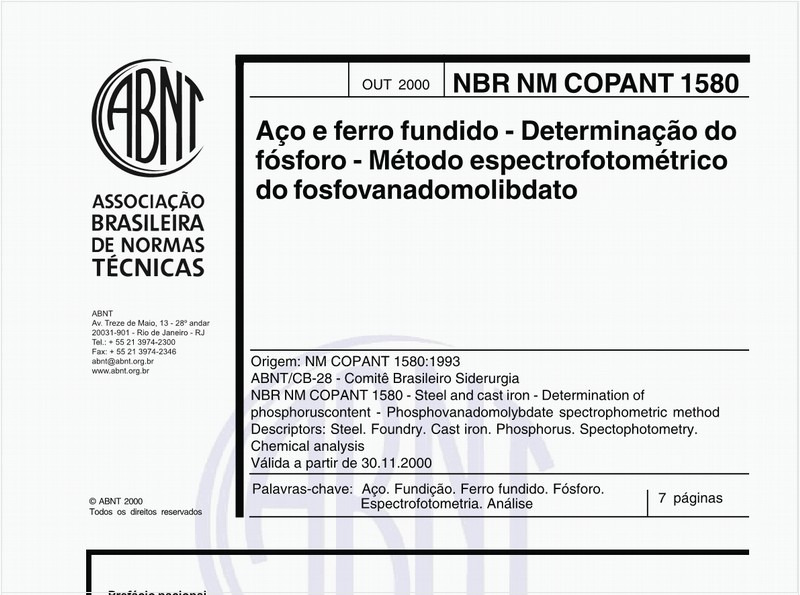 Aço e ferro fundido - Determinação do teor de fósforo - Método espectrofotométrico do fosfovanadomolibdato