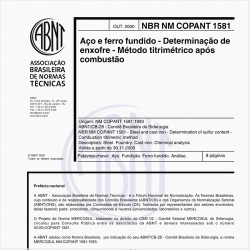 Aço e ferro fundido - Determinação de enxofre - Método titrimétrico após combustão