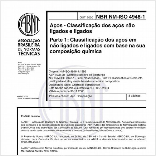 Aços - Classificação dos aços não ligados e ligados - Parte 1: Classificação dos aços em não ligados e ligados com base na sua composição química