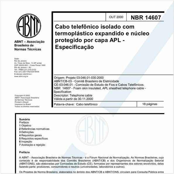 Cabo telefônico isolado com termoplástico expandido e núcleo protegido por capa APL - Especificação