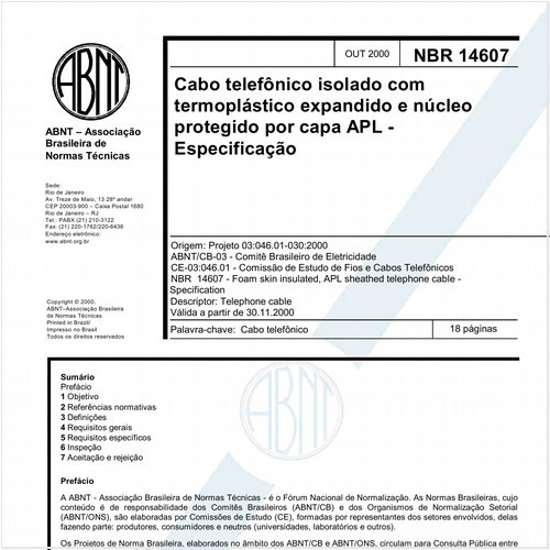 Cabo telefônico isolado com termoplástico expandido e núcleo protegido por capa APL - Especificação