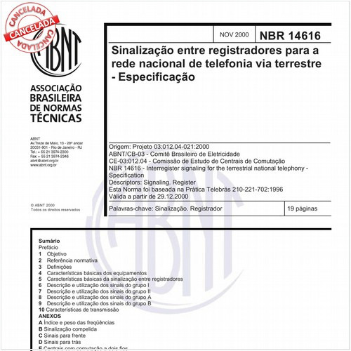 Sinalização entre registradores para a rede nacional de telefonia via terrestre - Especificação