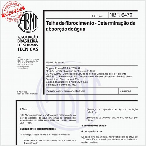 Telha de fibrocimento - Determinação da absorção de água