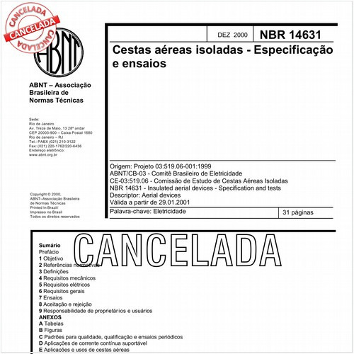 Cestas aéreas isoladas - Especificação e ensaios
