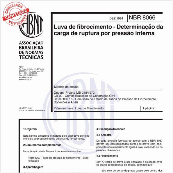 Luva de fibrocimento - Determinação da carga de ruptura por pressão interna
