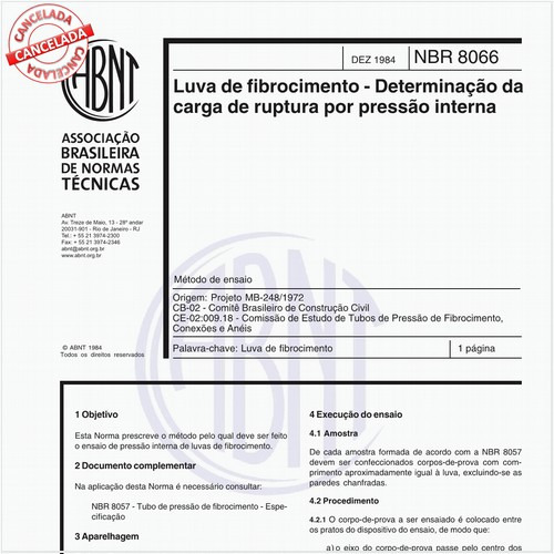 Luva de fibrocimento - Determinação da carga de ruptura por pressão interna