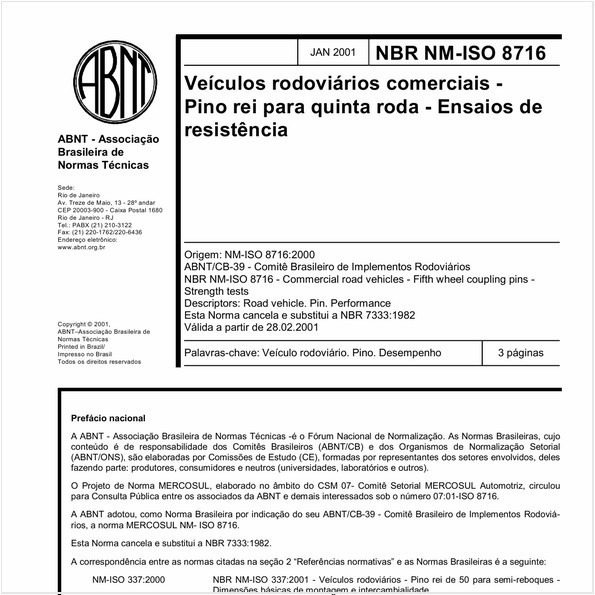 Veículos rodoviários comerciais - Pino rei para quinta roda - Ensaios de resistência