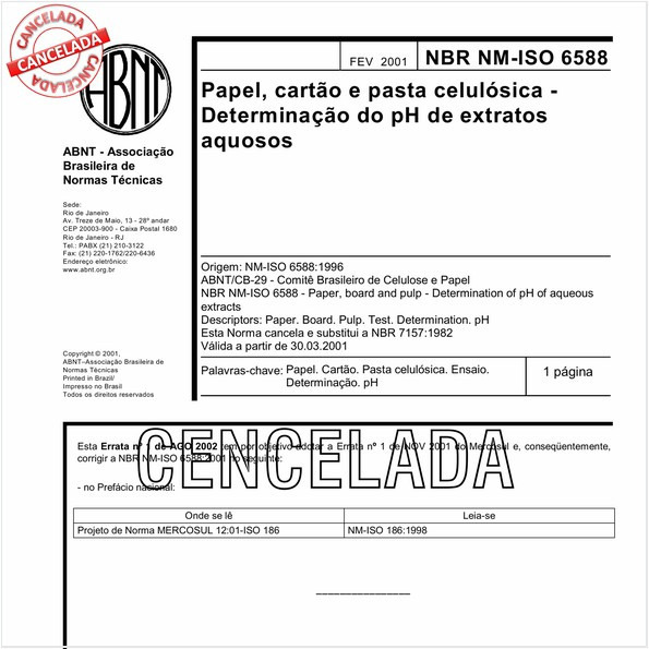 Papel, cartão e pasta celulósica - Determinação do pH de extratos aquosos