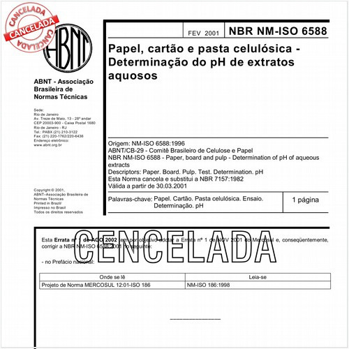 Papel, cartão e pasta celulósica - Determinação do pH de extratos aquosos