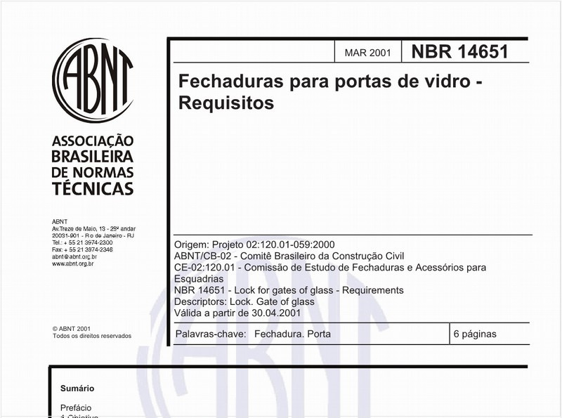 Fechaduras para portas de vidro - Requisitos