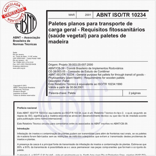 Paletes planos para transporte de carga geral - Requisitos fitossanitários (saúde vegetal) para paletes de madeira