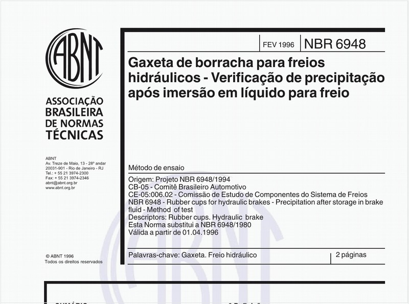 Gaxeta de borracha para freios hidráulicos - Verificação de precipitação após imersão em líquido para freio