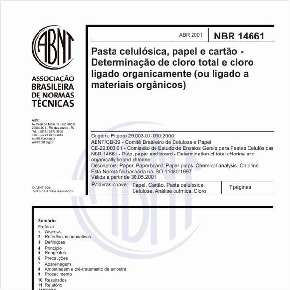 Pasta celulósica, papel e cartão - Determinação de cloro total e cloro ligado organicamente (ou ligado a materiais orgânicos)