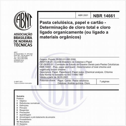 Pasta celulósica, papel e cartão - Determinação de cloro total e cloro ligado organicamente (ou ligado a materiais orgânicos)