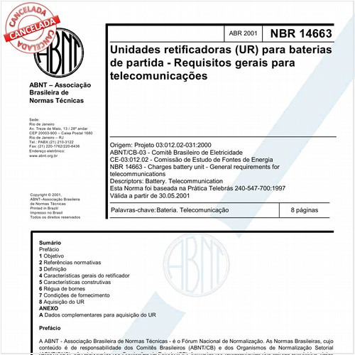 Unidades retificadoras (UR) para baterias de partida - Requisitos gerais para telecomunicações