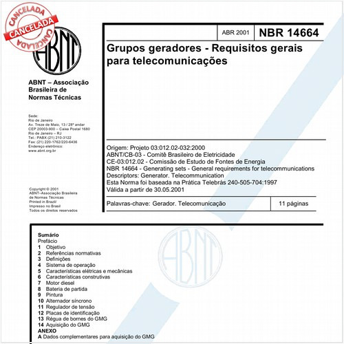 Grupos geradores - Requisitos gerais para telecomunicações