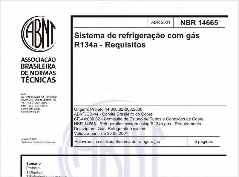 Sistema de refrigeração com gás R134a - Requisitos