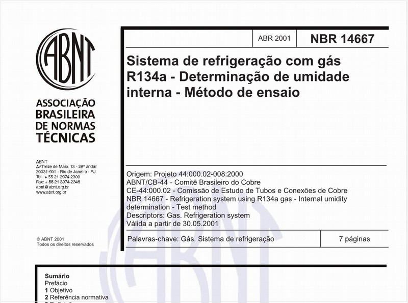 Sistema de refrigeração com gás R134a - Determinação de umidade interna - Método de ensaio