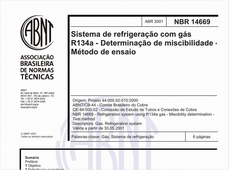 Sistema de refrigeração com gás R134a - Determinação de miscibilidade - Método de ensaio