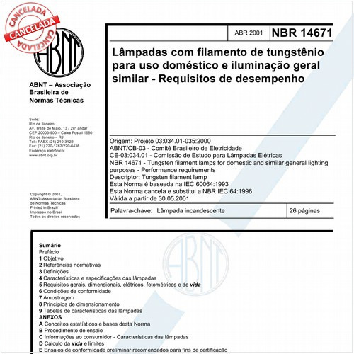 Lâmpadas com filamento de tungstênio para uso doméstico e iluminação geral similar - Requisitos de desempenho