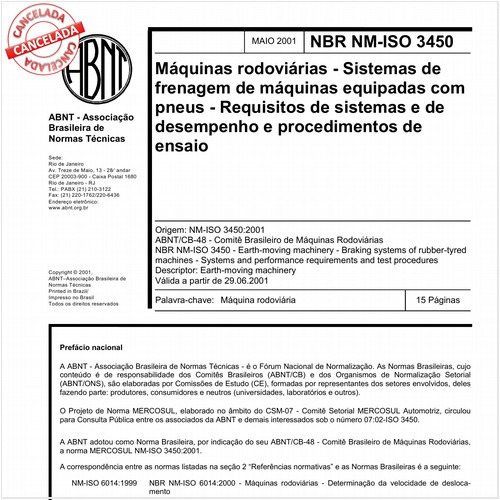 Máquinas rodoviárias - Sistemas de frenagem de máquinas equipadas com pneus - Requisitos de sistemas e de desempenho e procedimentos de ensaio
