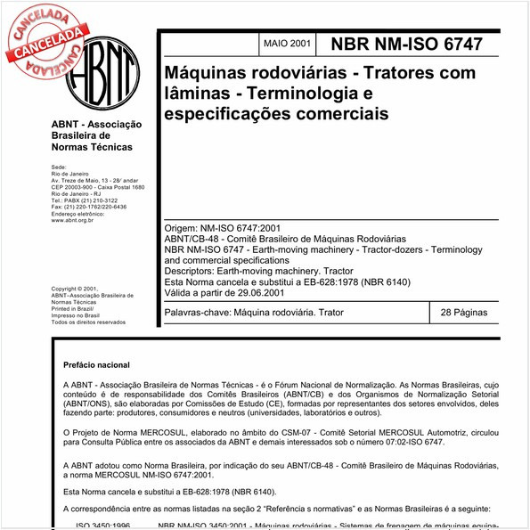 Máquinas rodoviárias - Tratores com lâminas - Terminologia e especificações comerciais