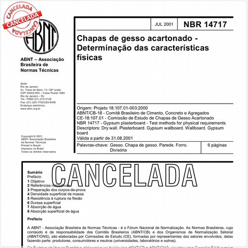 Chapas de gesso acartonado - Determinação das características físicas