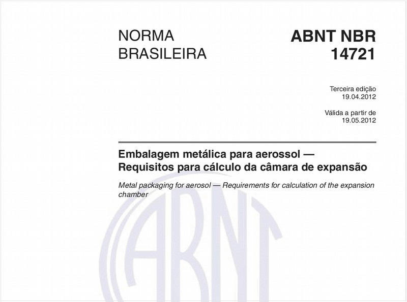 Embalagem metálica para aerossol — Requisitos para cálculo da câmara de expansão