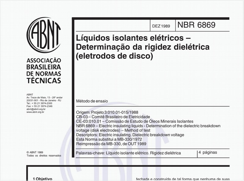 Líquidos isolantes elétricos - Determinação da rigidez dielétrica (eletrodos de disco)