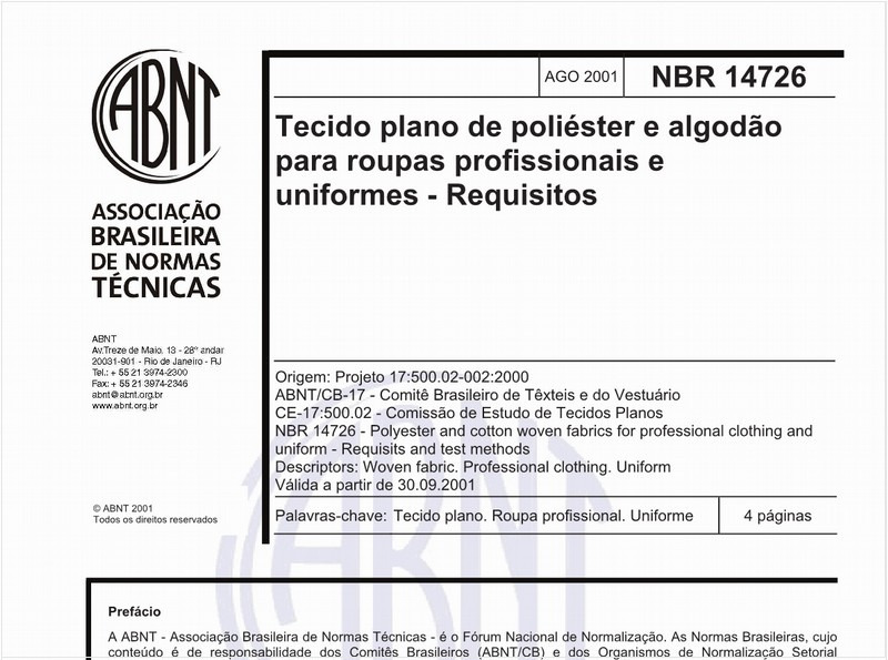 Tecido plano de poliéster e algodão para roupas profissionais e uniformes - Requisitos