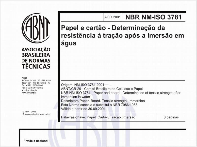 Papel e cartão - Determinação da resistência à tração após a imersão em água