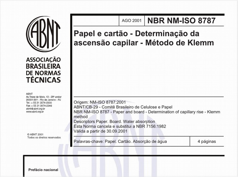 Papel e cartão - Determinação da ascensão capilar - Método de Klemm