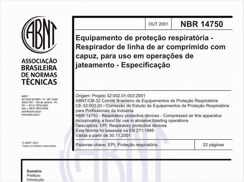 Equipamento de proteção respiratório - Respirador de linha de ar comprimido com capuz, para uso em operações de jateamento - Especificação