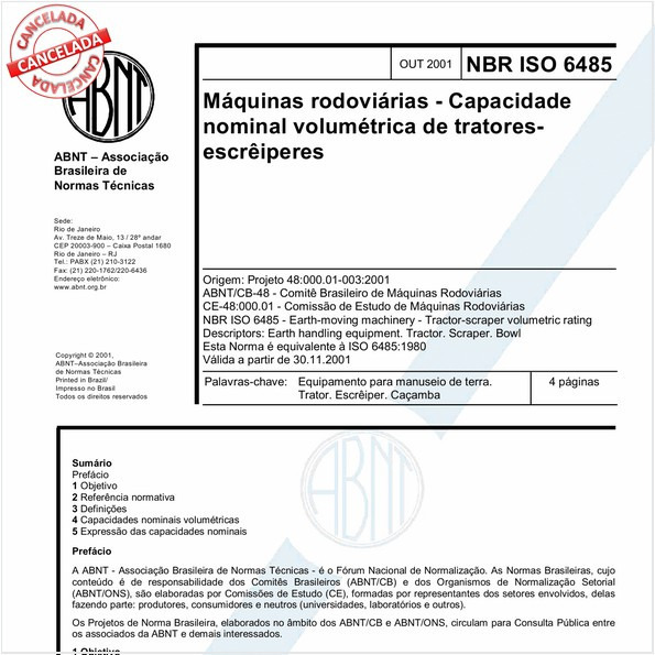 Máquinas rodoviárias - Capacidade nominal volumétrica de tratores-escrêiperes