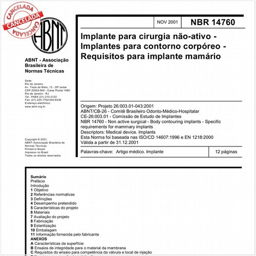 Implante para cirurgia não-ativo - Implates para contorno corpóreo - Requisitos para implante mamário