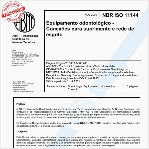 Equipamento odontológico - Conexões para suprimento e rede de esgoto