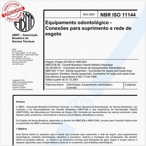 Equipamento odontológico - Conexões para suprimento e rede de esgoto