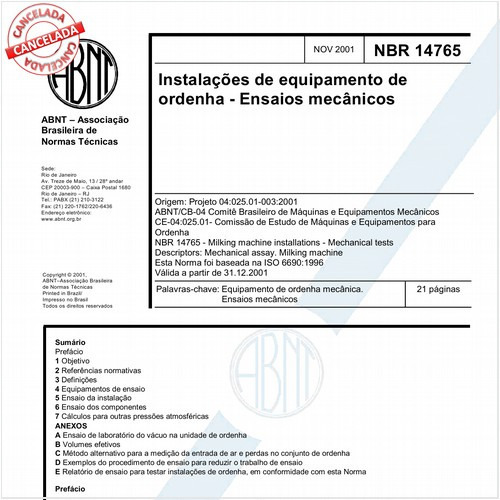 Instalações de equipamento de ordenha - Ensaios mecânicos