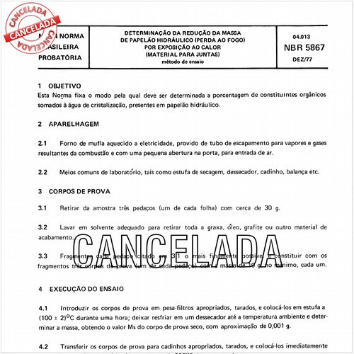 Papelão hidráulico - Determinação da redução da massa (perda ao fogo) por exposição ao calor - Material para juntas