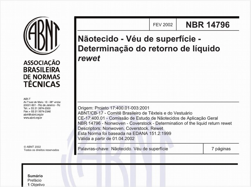 Nãotecido - Véu de superfície - Determinação do retorno de líquido rewet