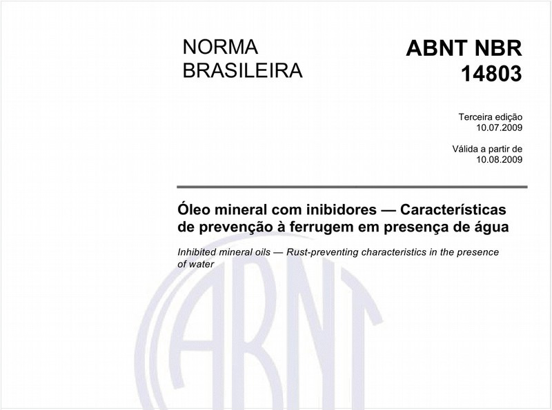Óleo mineral com inibidores - Características de prevenção à ferrugem em presença de água
