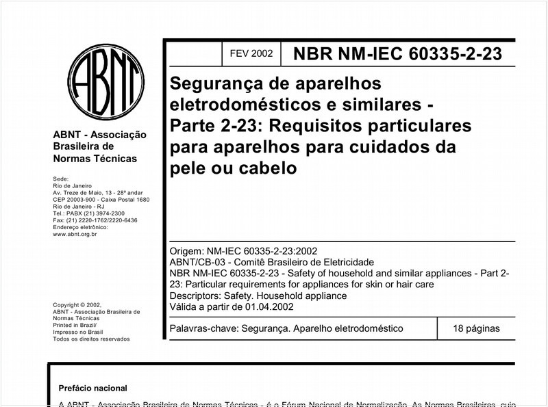 Segurança de aparelhos eletrodomésticos e similares - Parte 2-23: Requisitos particulares para aparelhos para cuidados da pele ou cabelo