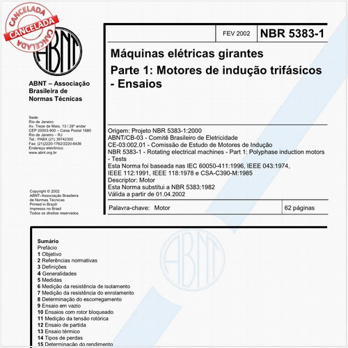 Máquinas elétricas girantes - Parte 1: Motores de indução trifásicos - Ensaios