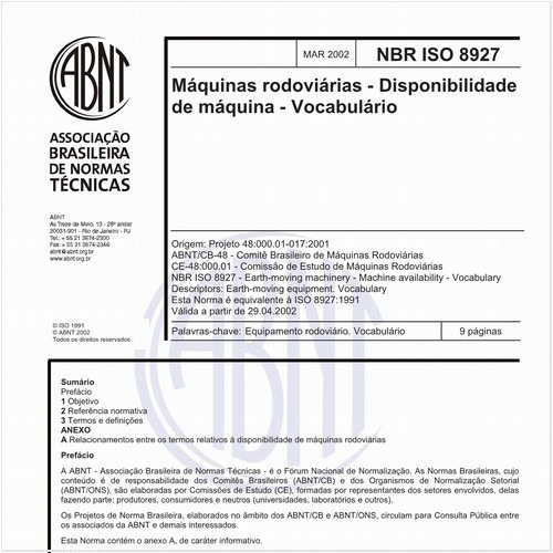 Máquinas rodoviárias - Disponibilidade de máquina - Vocabulário